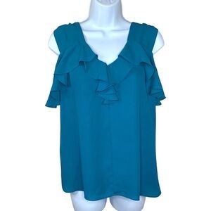 Express Teal Blue Ruffle Blouse V Neck Flowy Sleeveless Small Womens Top